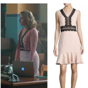 Rebecca Taylor pink tweed black lace spring summer size 4 V neck mini dress